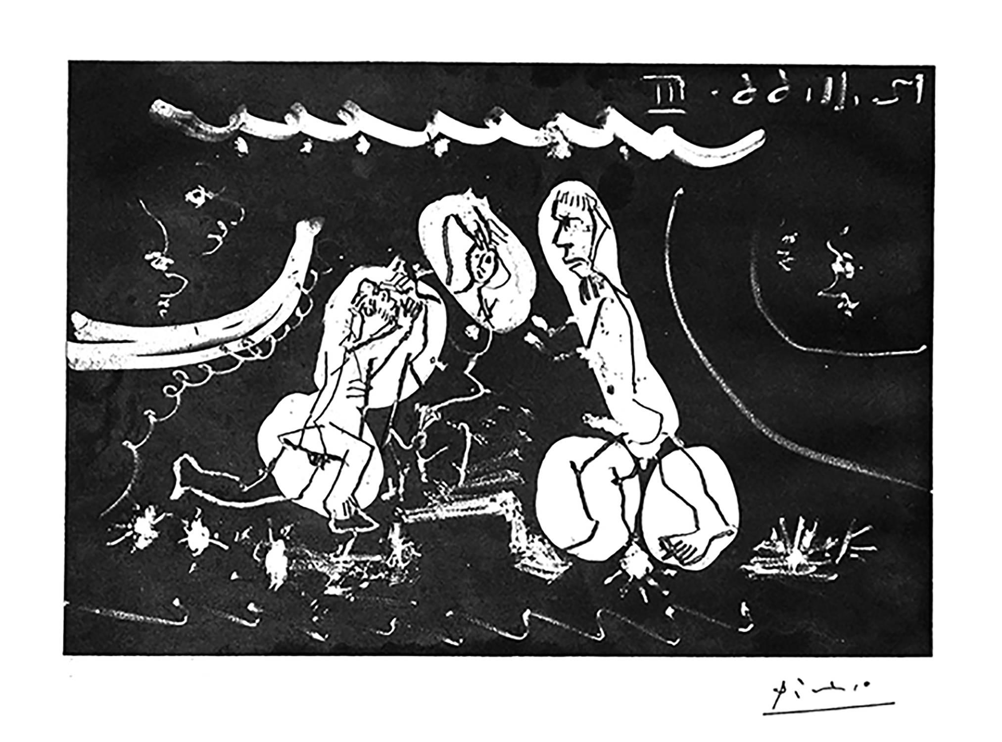 Pablo Picasso Figurative Print - Sous les Feux de la Rampe: Femme Nue Entre Deux Hommes, from 12 Novembre 1966 II