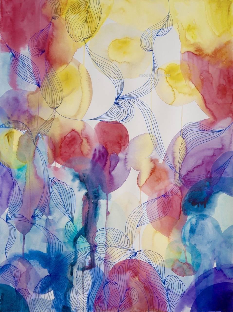 MAE Curates Abstract Painting - Bright colorful intricate fine watercolor on museum cotton rag - unique