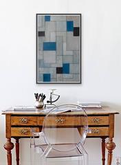 Vertical abstract oil painting - Grey Matters, black, blue - architectural form