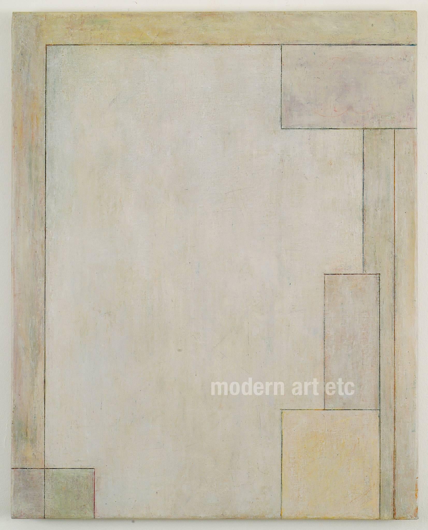 Stephen Cimini Abstract Painting - Vertical abstract oil painting - First Frost - architectural neutral form