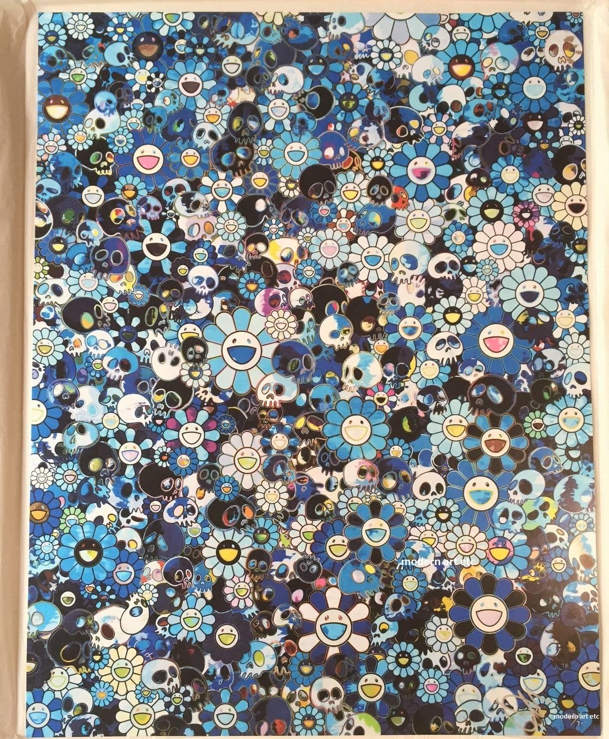 Offset print with Flowers and Skulls in blue, sold framed - Print by Takashi Murakami