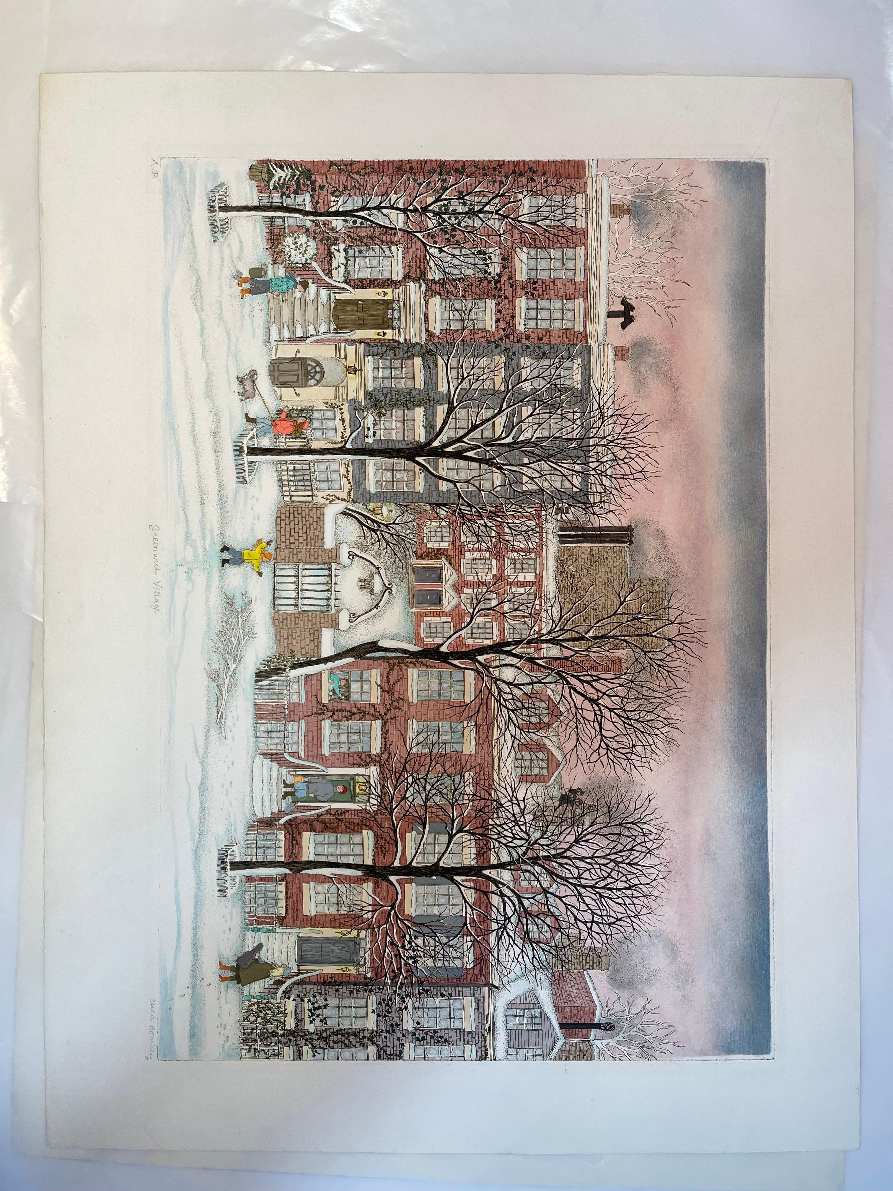 Druckdruck / handkolorierte Radierung - Greenwich Village, New York  (Künstlerische Probedrucke) (Grau), Landscape Painting, von Cuca Romley