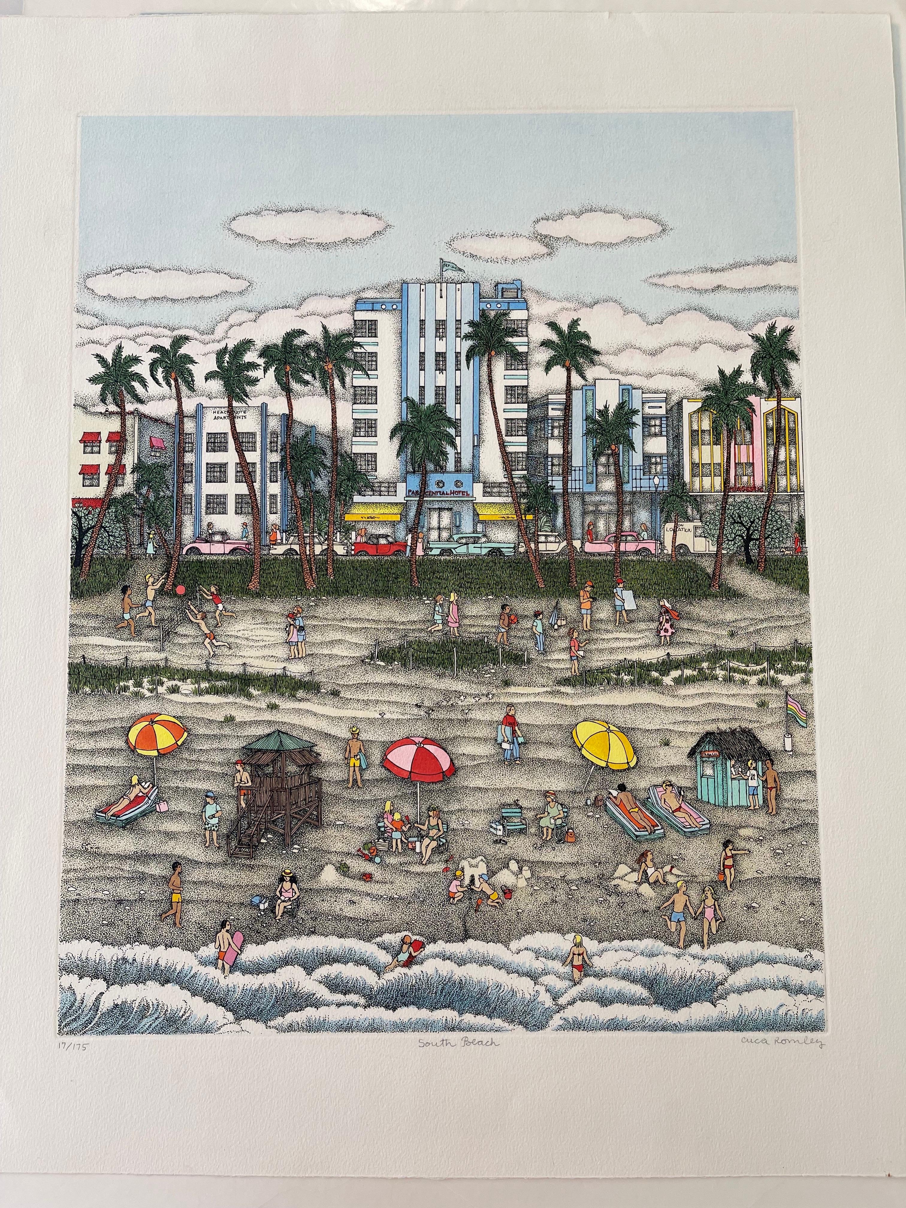 Gravure de South Beach, Miami, Floride - Contemporain Painting par Cuca Romley