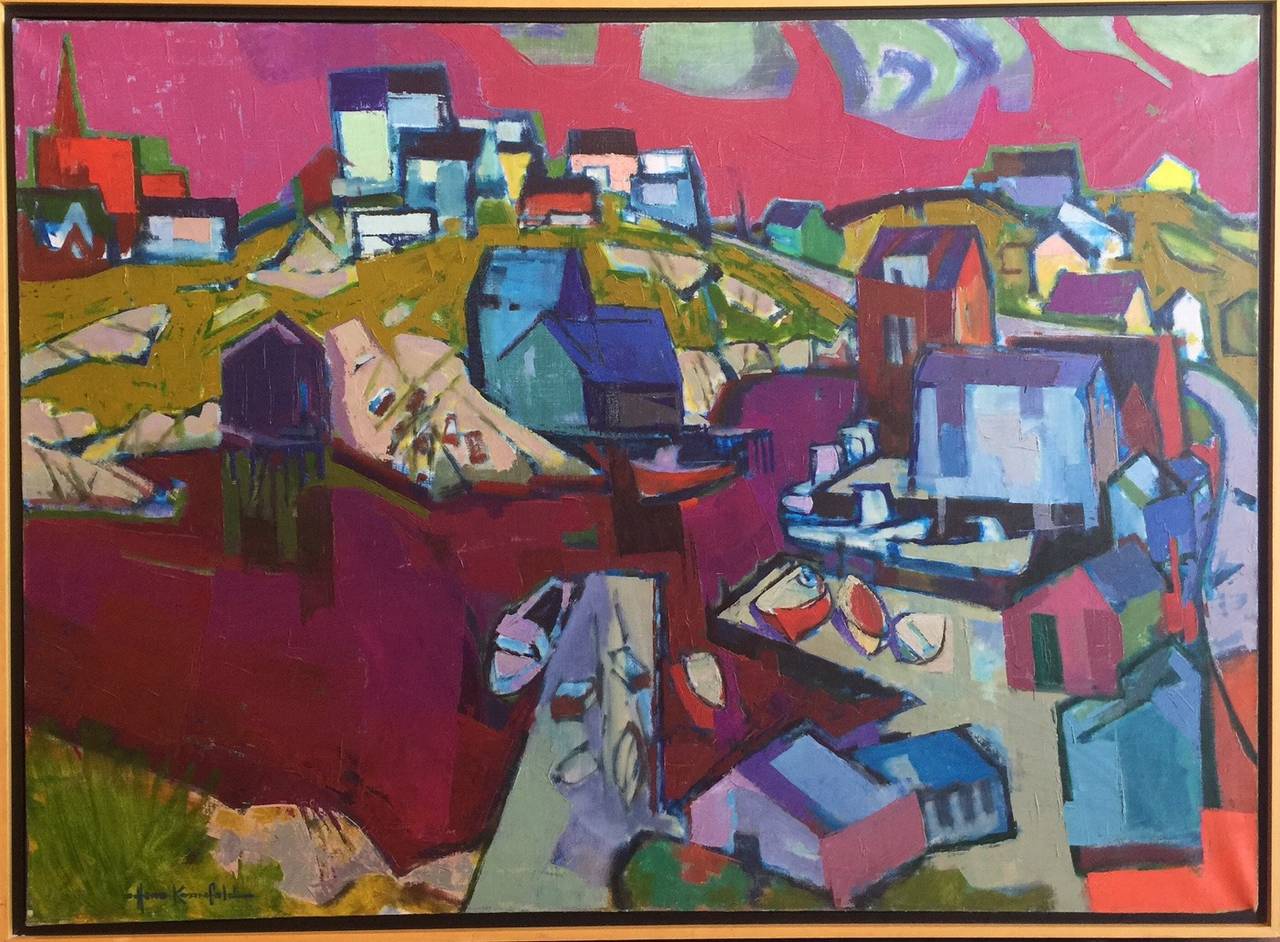 Abstract Painting Herbert Kornfeld - Peinture à l'huile - « Peggy's Cove », eau rouge, Nova Scotia - peinture de paysage à l'huile