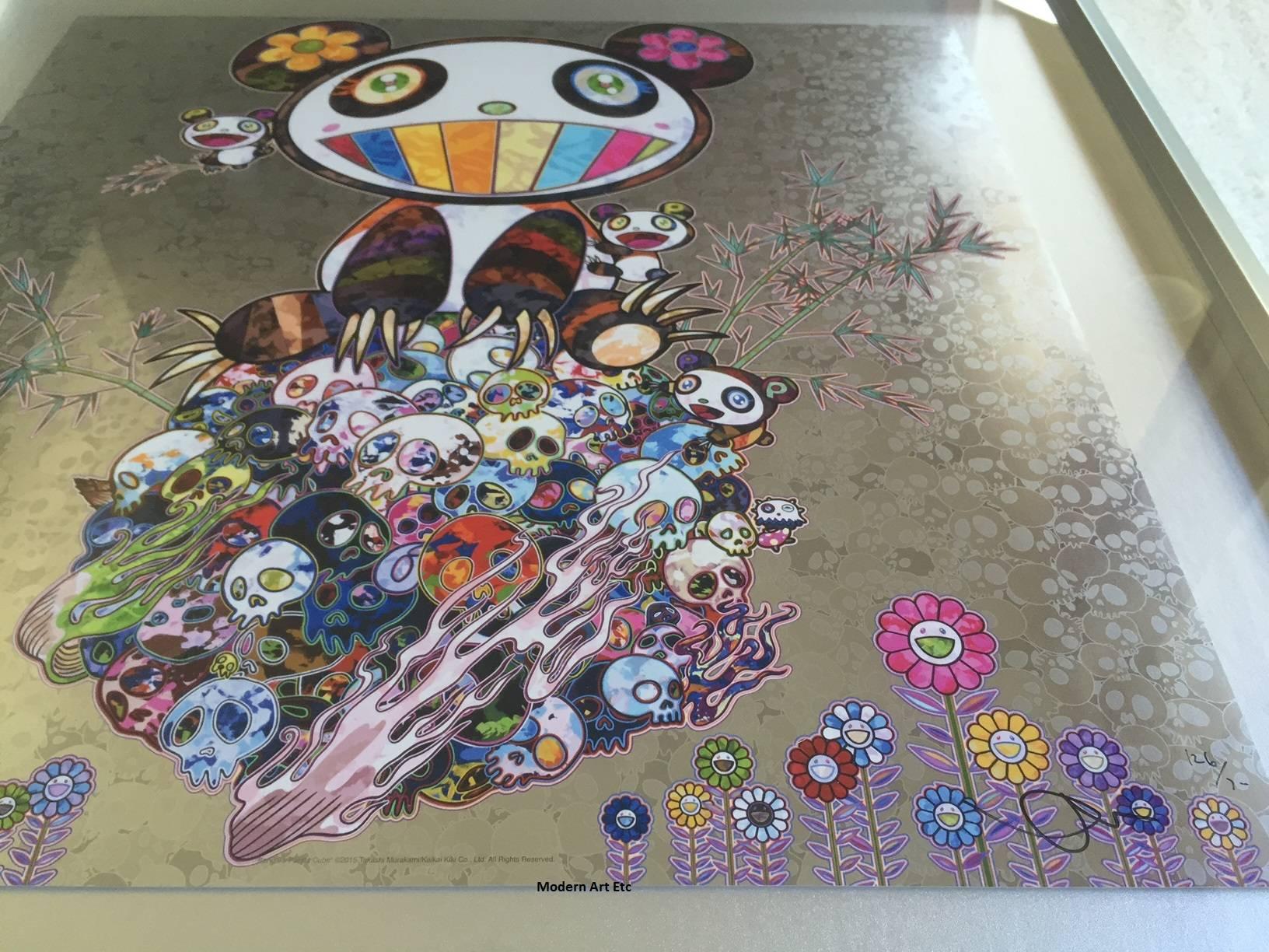 Lithograph - Panda and Cubs -custom framed - Japanese pop art (panda and skulls) - Gray Figurative Print by Takashi Murakami