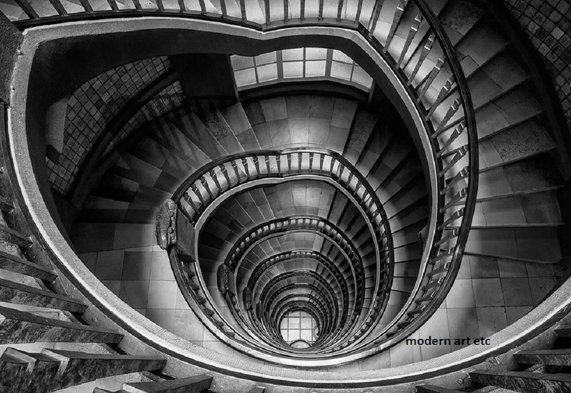 Architectural Interiors - Blue Stairs - Europe - large photo - ready to install - Gray Figurative Photograph by MAE Curates