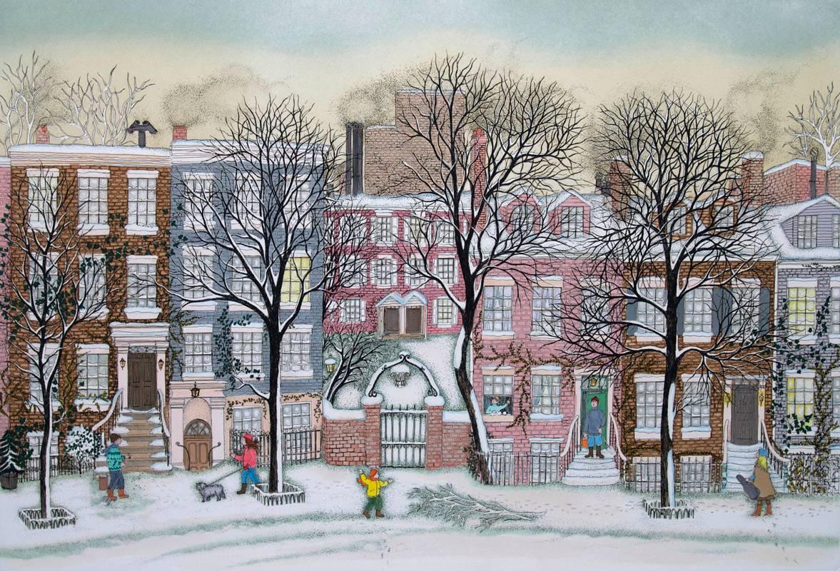 Cuca Romley Landscape Painting – Druckgrafik / Handkolorierte Radierung - Greenwich Village, New York  (Künstlerabzüge)