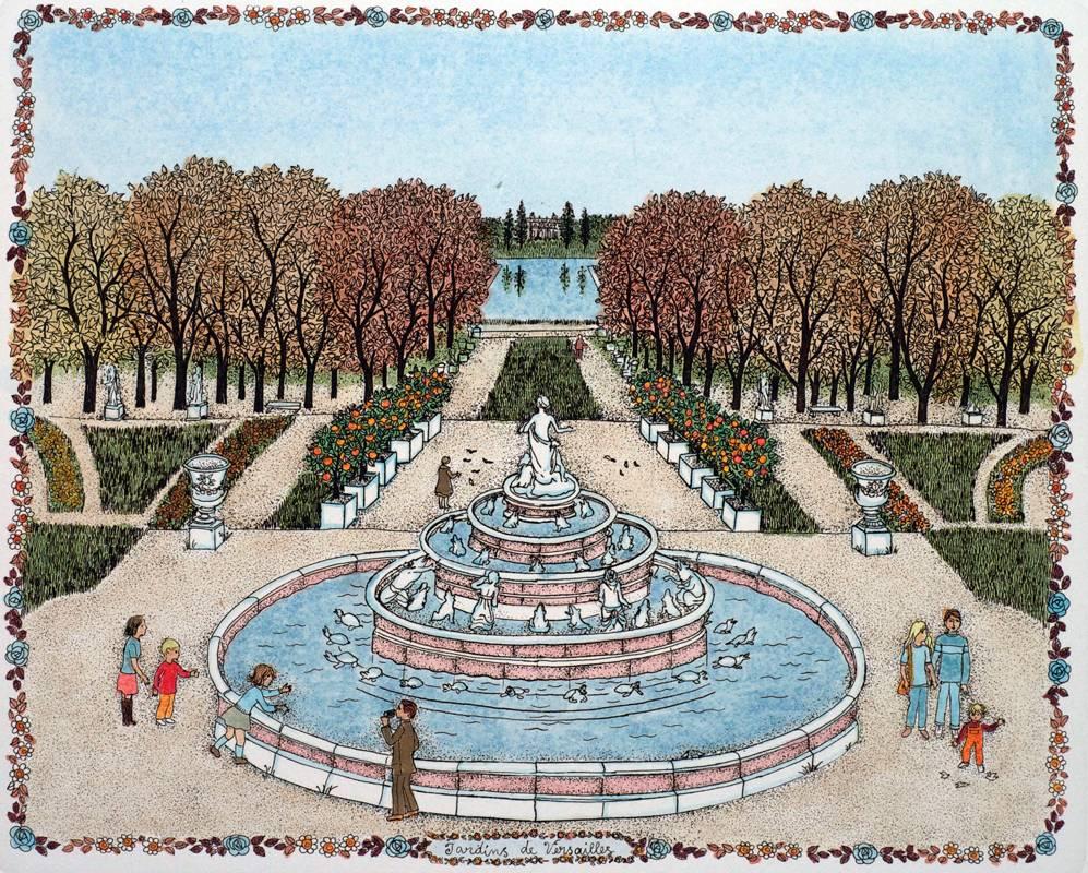 Handkolorierte Radierung - Place des Vosages, Paris / VIEW MORE PARIS / EUROPE Serie (Grau), Landscape Painting, von Cuca Romley