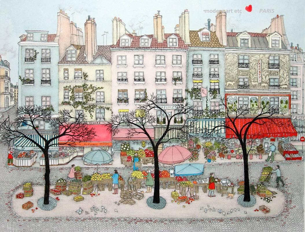 Hand colored etching - Place des Vosages, Paris / VIEW MORE PARIS / EUROPE serie - Gray Landscape Painting by Cuca Romley
