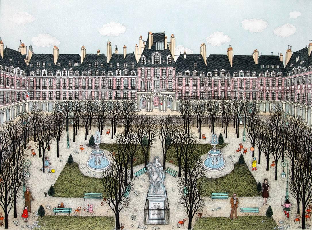 Cuca Romley Landscape Painting - Hand colored etching - Place des Vosages, Paris / VIEW MORE PARIS / EUROPE serie
