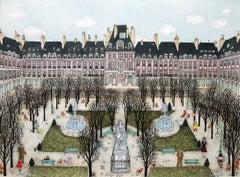 Gravure colorée à la main, Place des Vosages, Paris / VOIR PLUS DE PARIS / série EUROPE