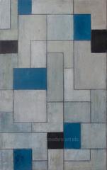 Vertical abstract oil painting - Grey Matters, black, blue - architectural form