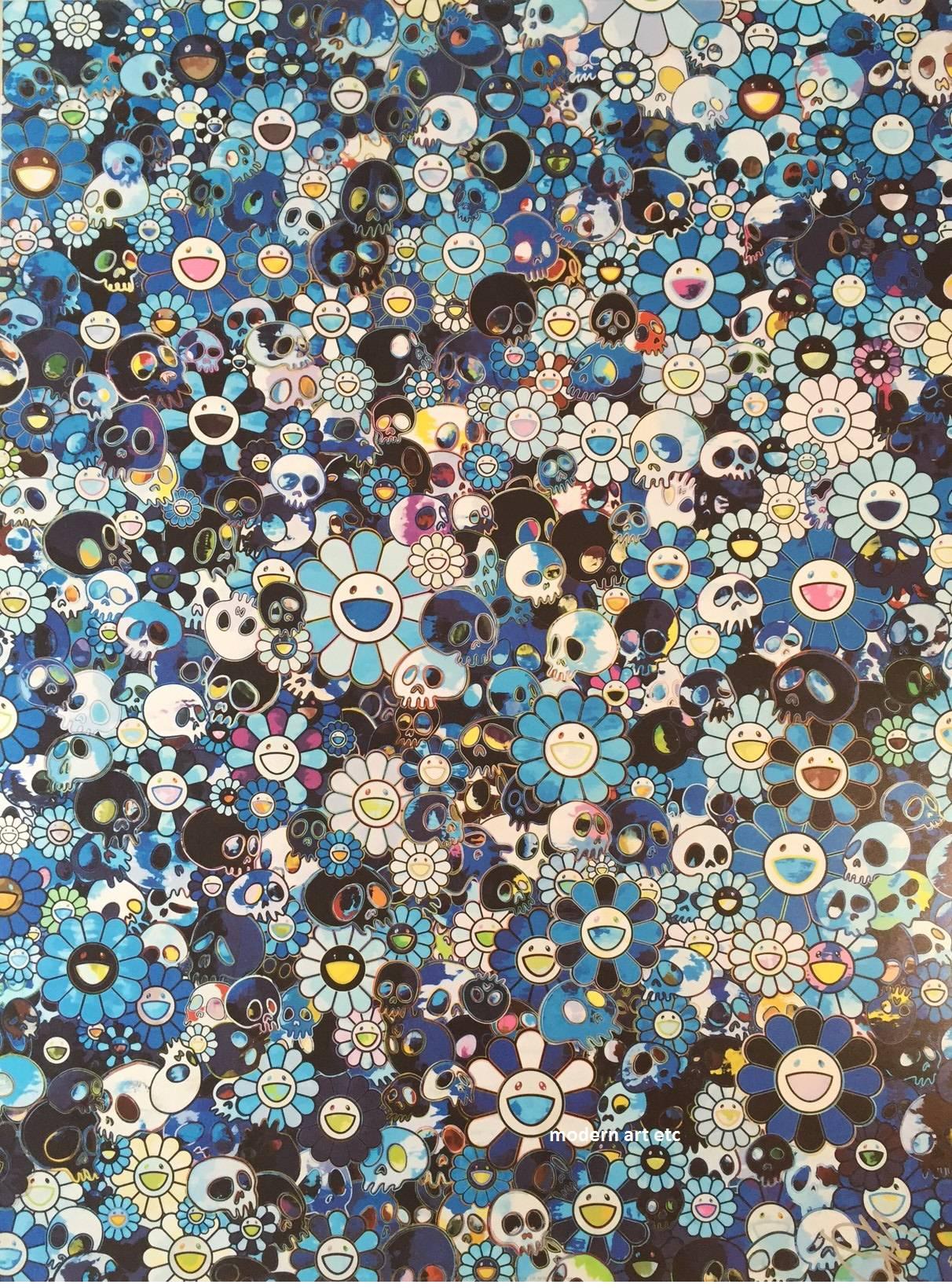 Takashi Murakami Figurative Print - Offset print with Flowers and Skulls in blue, sold framed