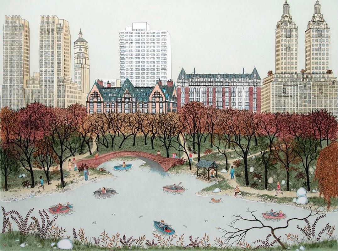 Cuca Romley Landscape Print - Etching - Central Park West, New York (hand-painted etching)