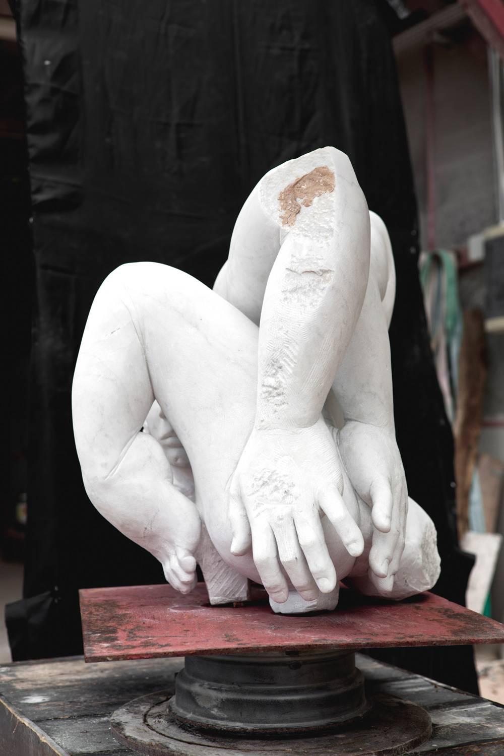 Embrione, sculpture abstraite figurative nue en marbre de Carrare blanc, sculptée à la main en vente 1