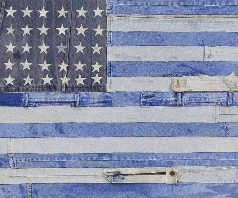 Untitled (American Flag in Denim) Mixed Media Signed - Modern Mixed Media Art by Jean Jacques DelaVerrière