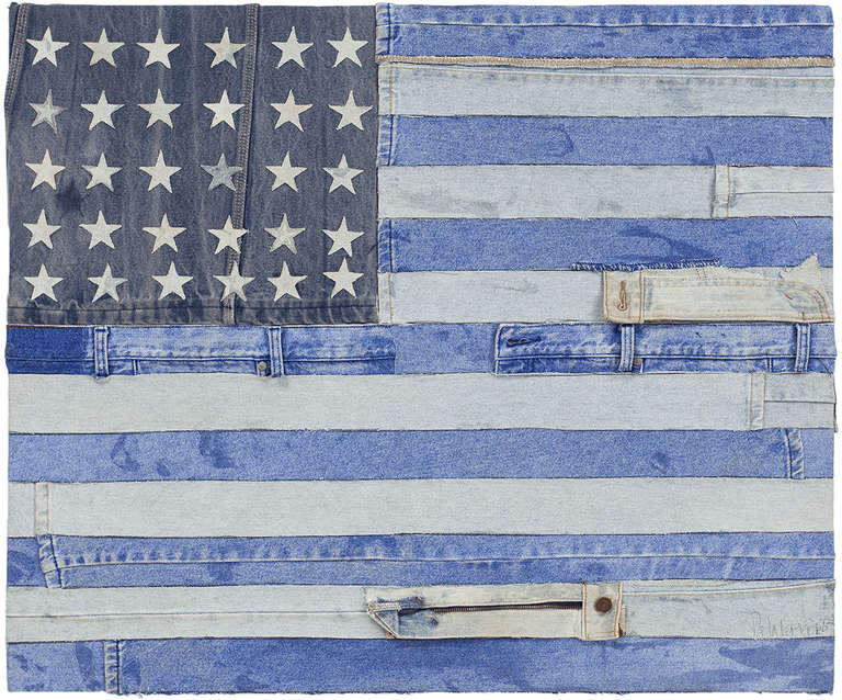 Untitled (American Flag in Denim) Mixed Media Signed - Mixed Media Art by Jean Jacques DelaVerrière