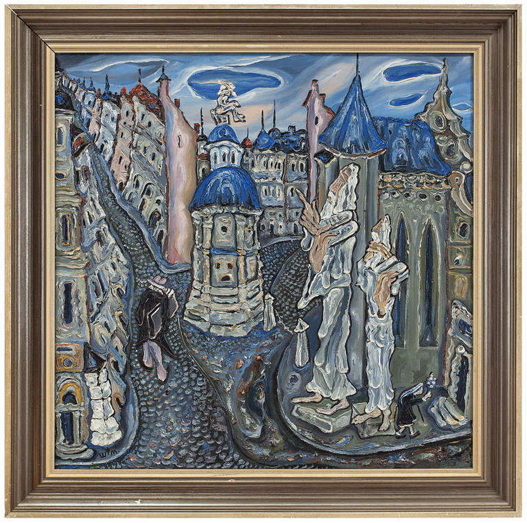 Lvov (Strolling Figure) Post-Soviet Avant-Garde Oil on Canvas, Signed - Painting by Myhaylo Shteinberg