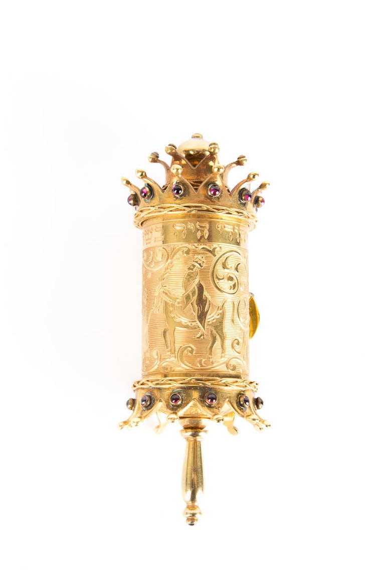 Hand Painted Megillah (Illuminated Scroll of Esther) Ruby Adorned Solid 18k Gold - Mixed Media Art by Shuki Freiman