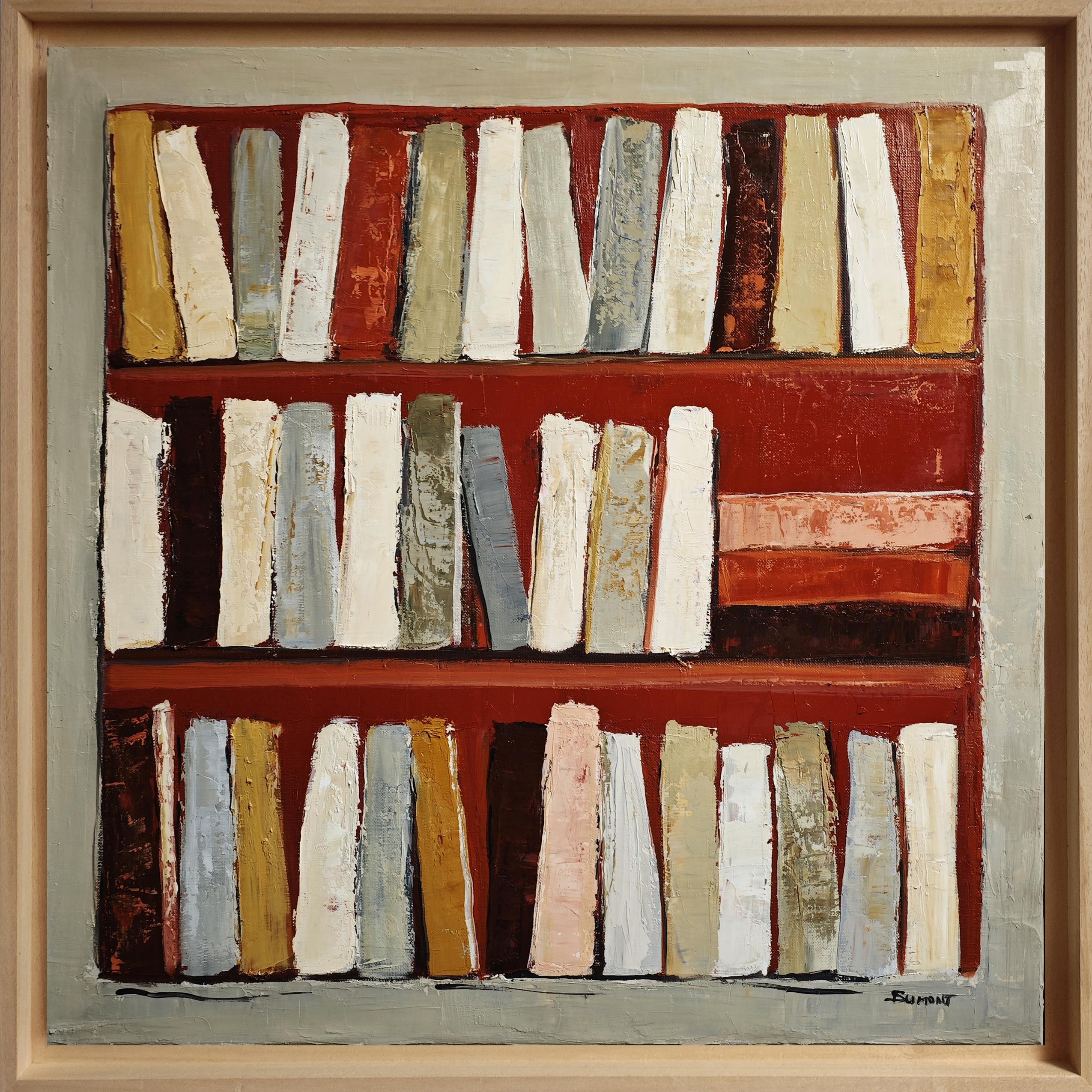 Los ocres, Bodegón geométrico abstracto, libros, biblioteca, óleo sobre lienzo, moderno - Painting de SOPHIE DUMONT