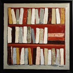 Los ocres, Bodegón geométrico abstracto, libros, biblioteca, óleo sobre lienzo, moderno
