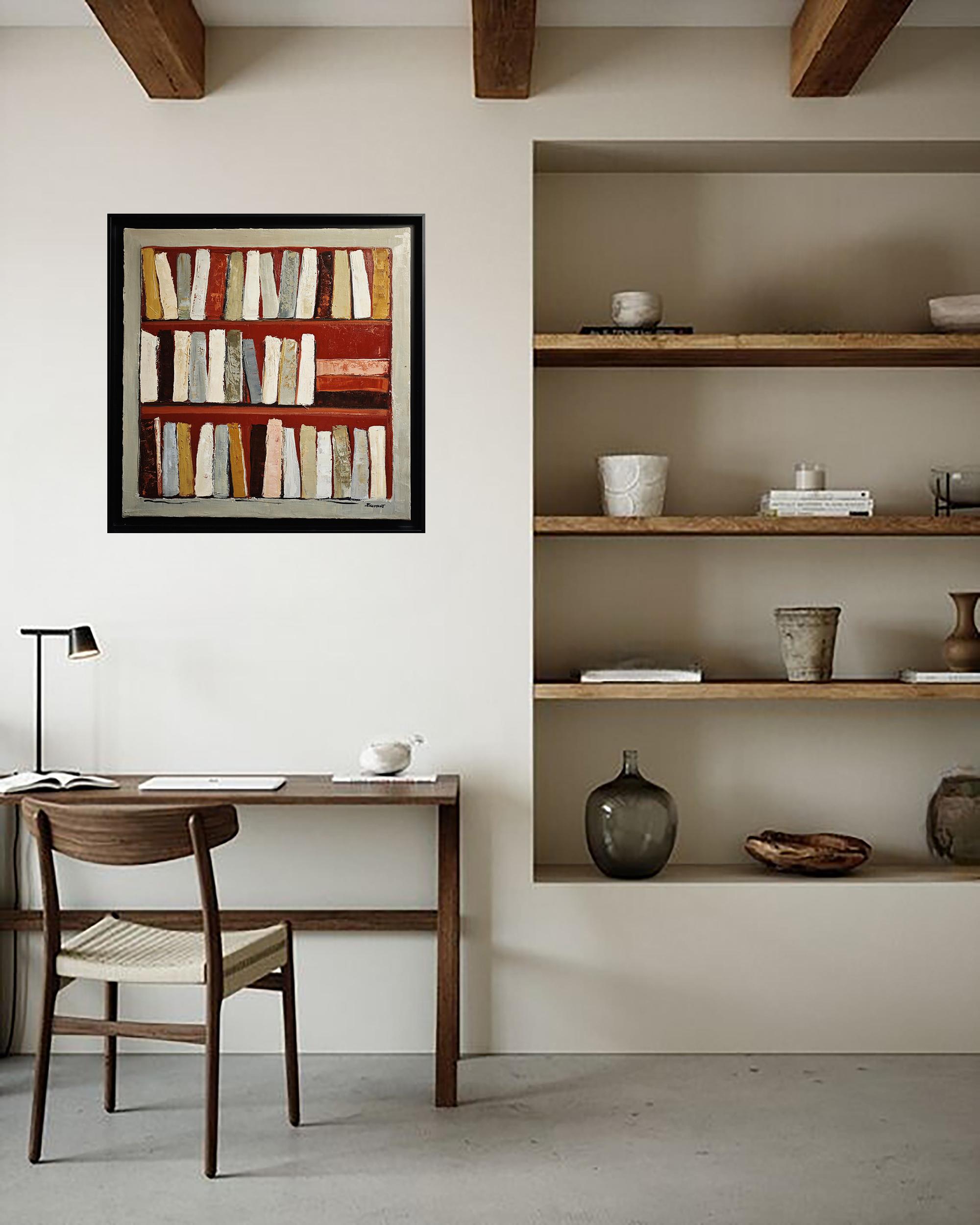 Los ocres, Bodegón geométrico abstracto, libros, biblioteca, óleo sobre lienzo, moderno - Still-Life Painting Gris de SOPHIE DUMONT