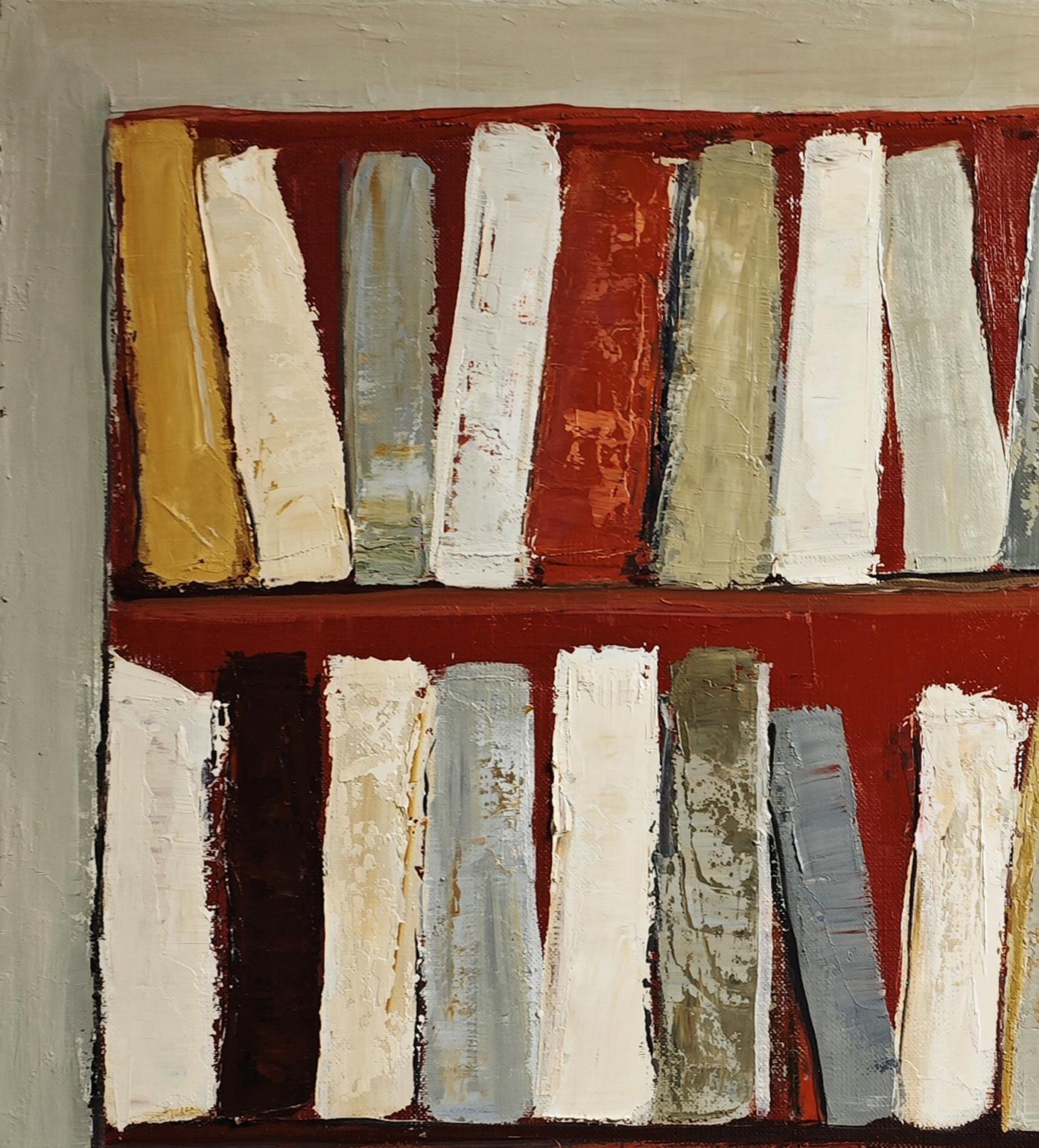 Los ocres, Bodegón geométrico abstracto, libros, biblioteca, óleo sobre lienzo, moderno 1