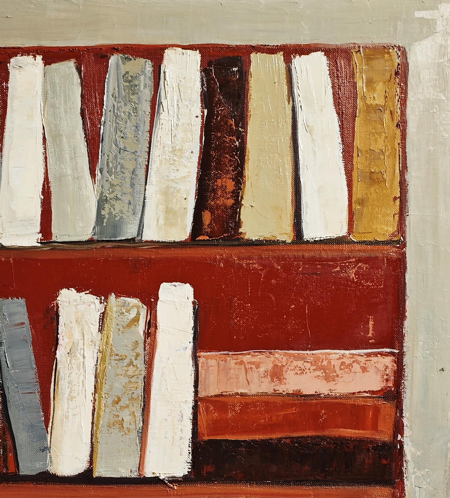 Los ocres, Bodegón geométrico abstracto, libros, biblioteca, óleo sobre lienzo, moderno 2