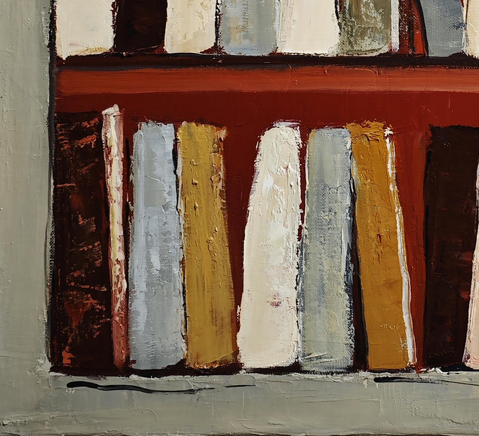 Los ocres, Bodegón geométrico abstracto, libros, biblioteca, óleo sobre lienzo, moderno 3