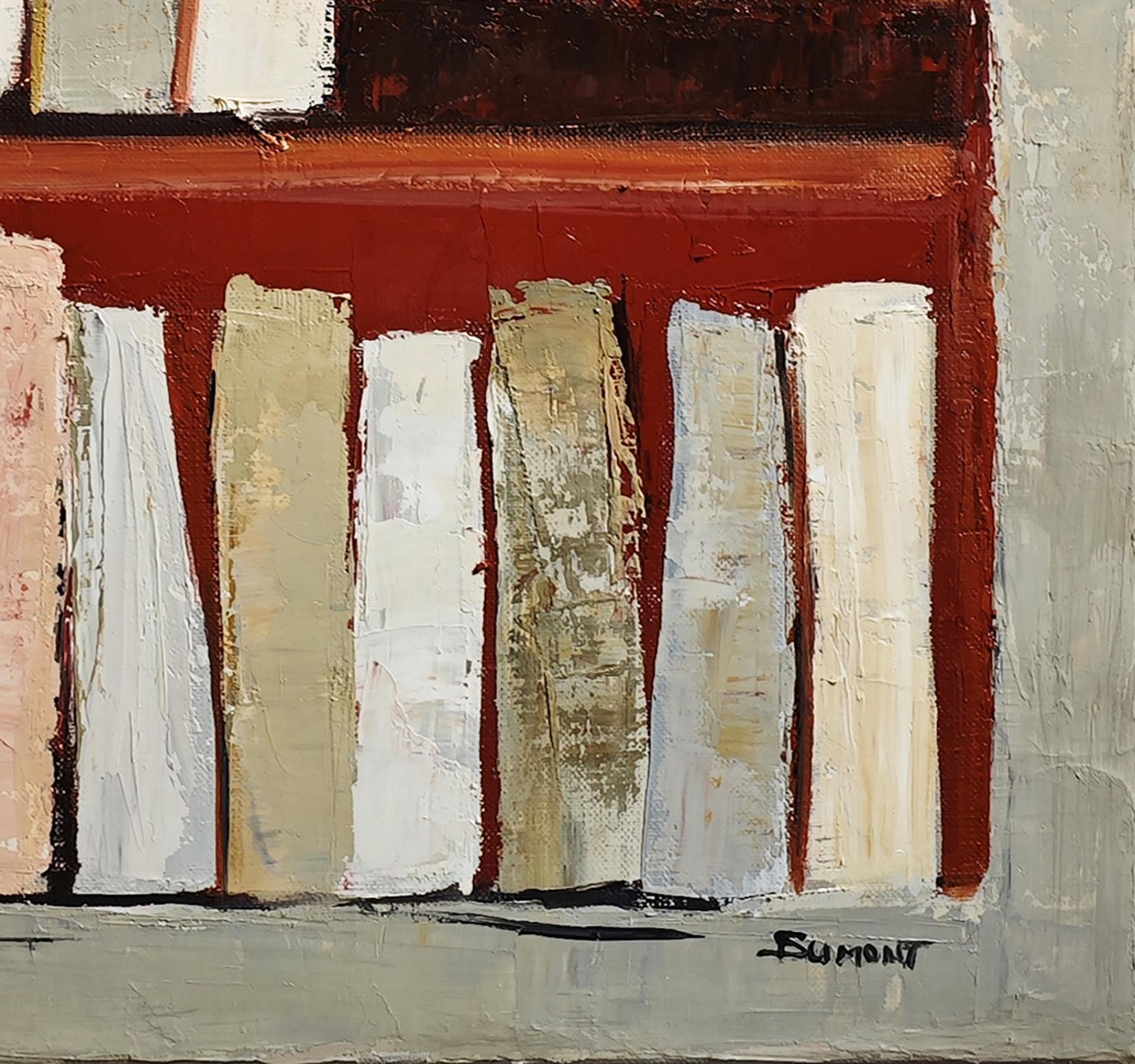 Los ocres, Bodegón geométrico abstracto, libros, biblioteca, óleo sobre lienzo, moderno 4