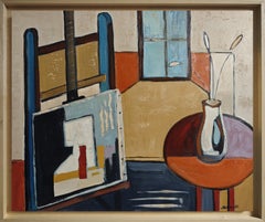 « Lumière d’atelier », peinture à l’huile contemporaine représentant l’intérieur d’un atelier d’artiste moderne