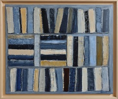 Les Livres Gris-Bleu, Contemporary Textured Library Oil Painting, 2026