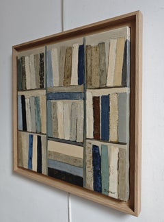 „La Clarté des Livres“, zeitgenössisches abstraktes Ölgemälde in Blau und Weiß mit Bibliotheksmotiv