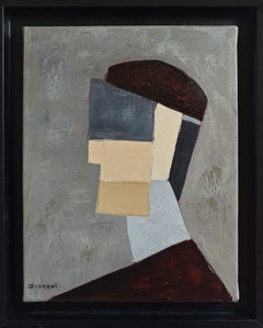 Le Penseur Gris, Contemporary French Geometric Abstract Figurative Oil Painting