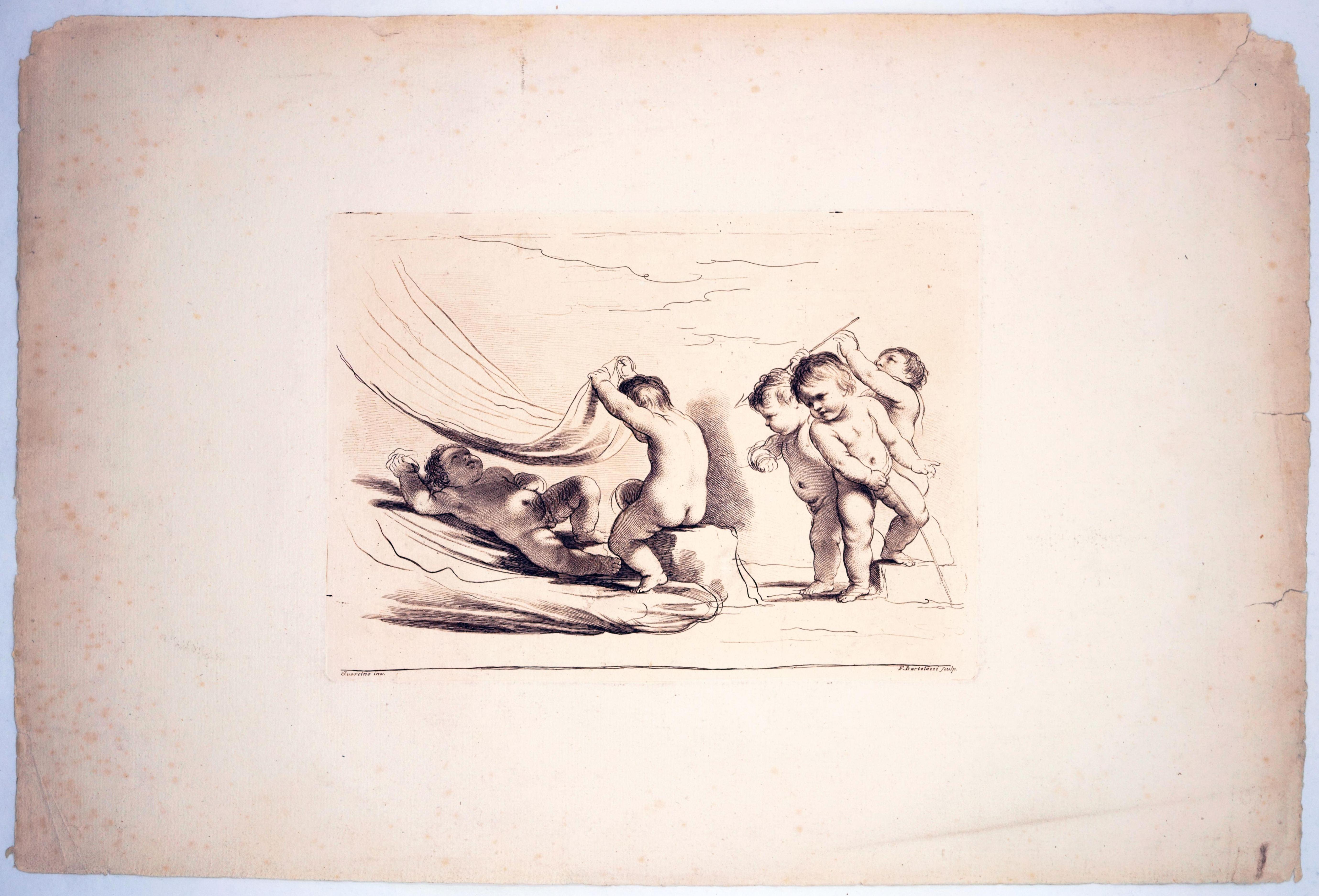 Putti en un juego amoroso alegórico / - La ambivalencia de Eros - - Nude Print Blanco de Francesco Bartolozzi