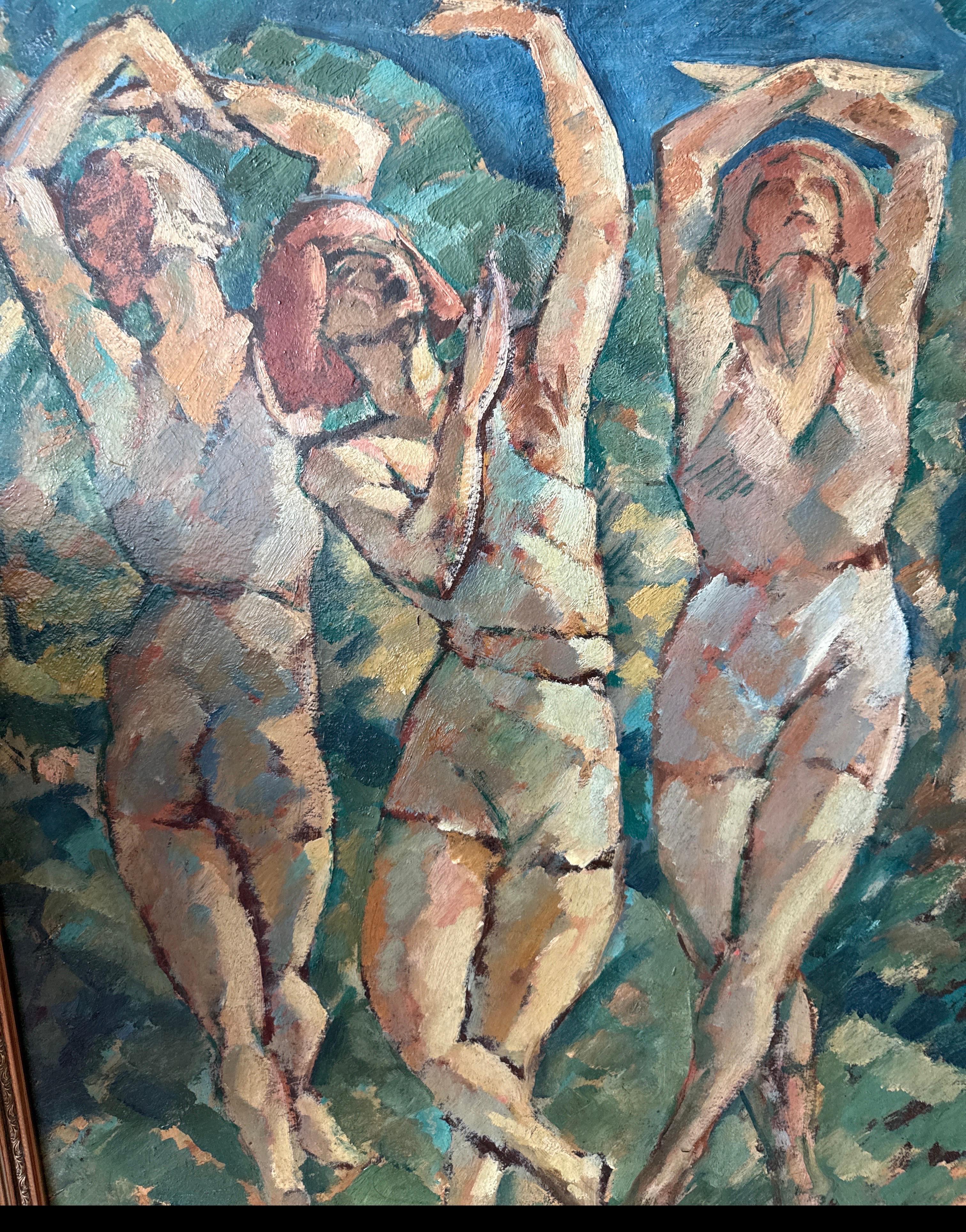 Antico dipinto a olio post-impressionista di grandi dimensioni 'Tre donne che ballano' in vendita 8
