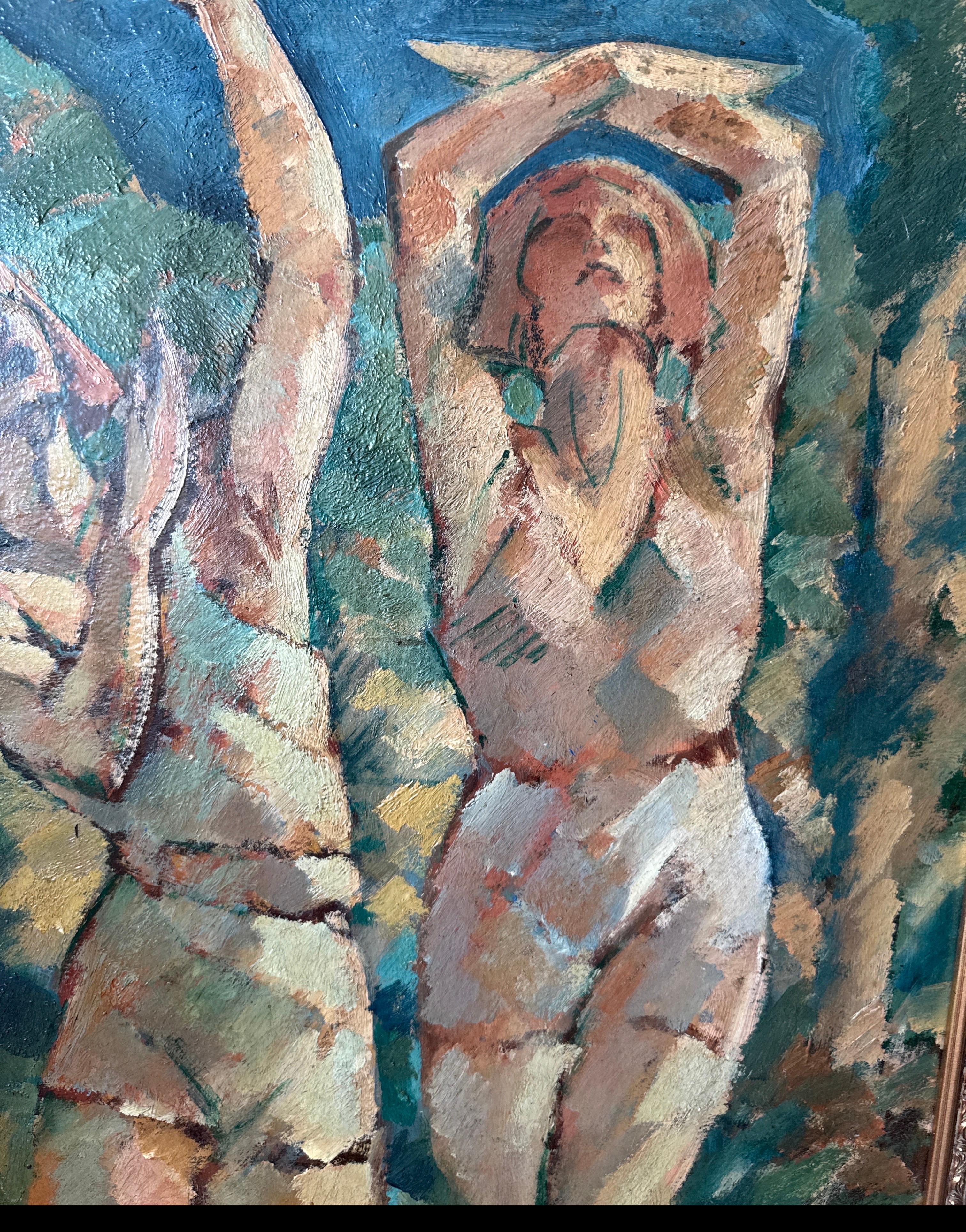 Antico dipinto a olio post-impressionista di grandi dimensioni 'Tre donne che ballano' in vendita 10