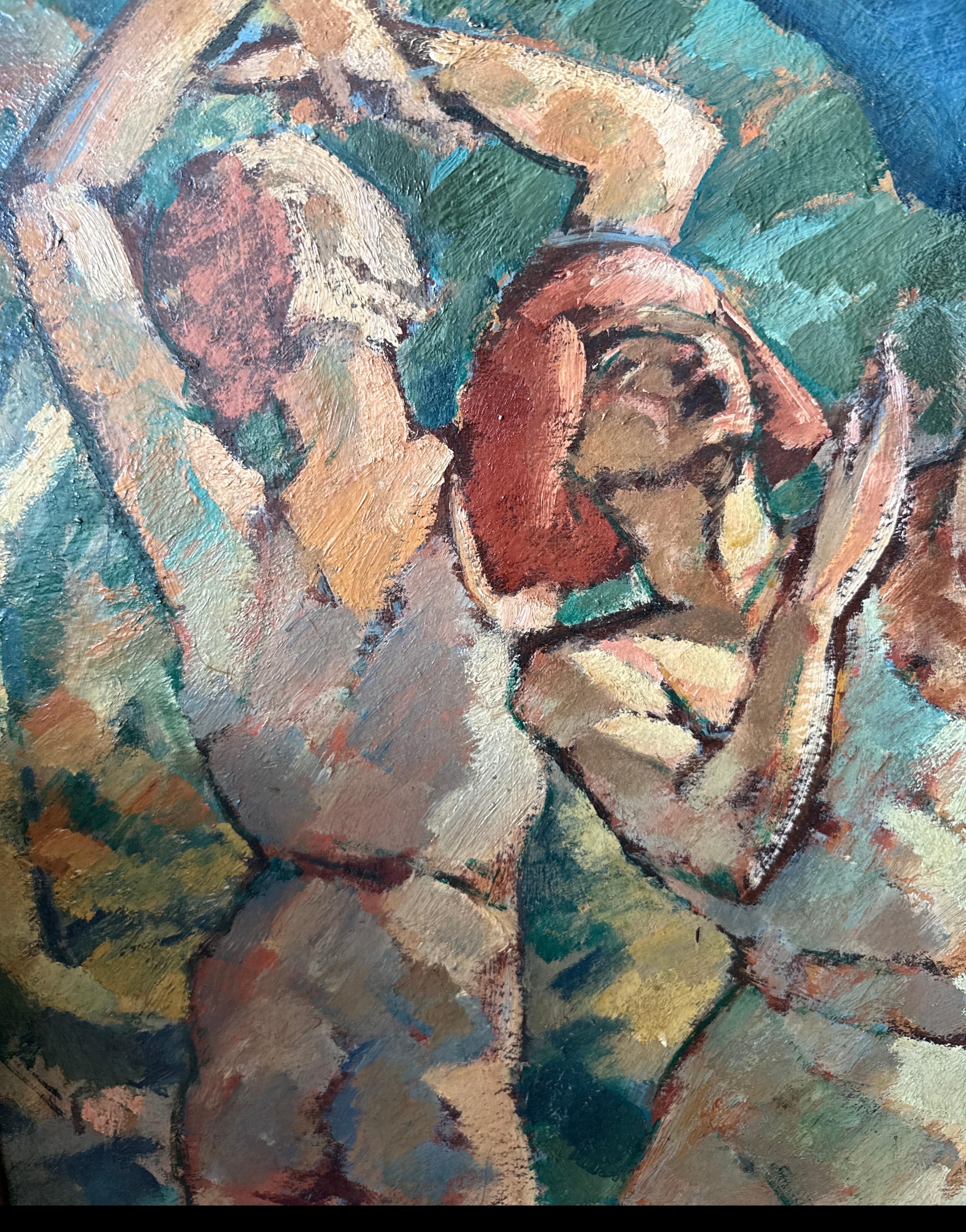 Antico dipinto a olio post-impressionista di grandi dimensioni 'Tre donne che ballano' in vendita 11