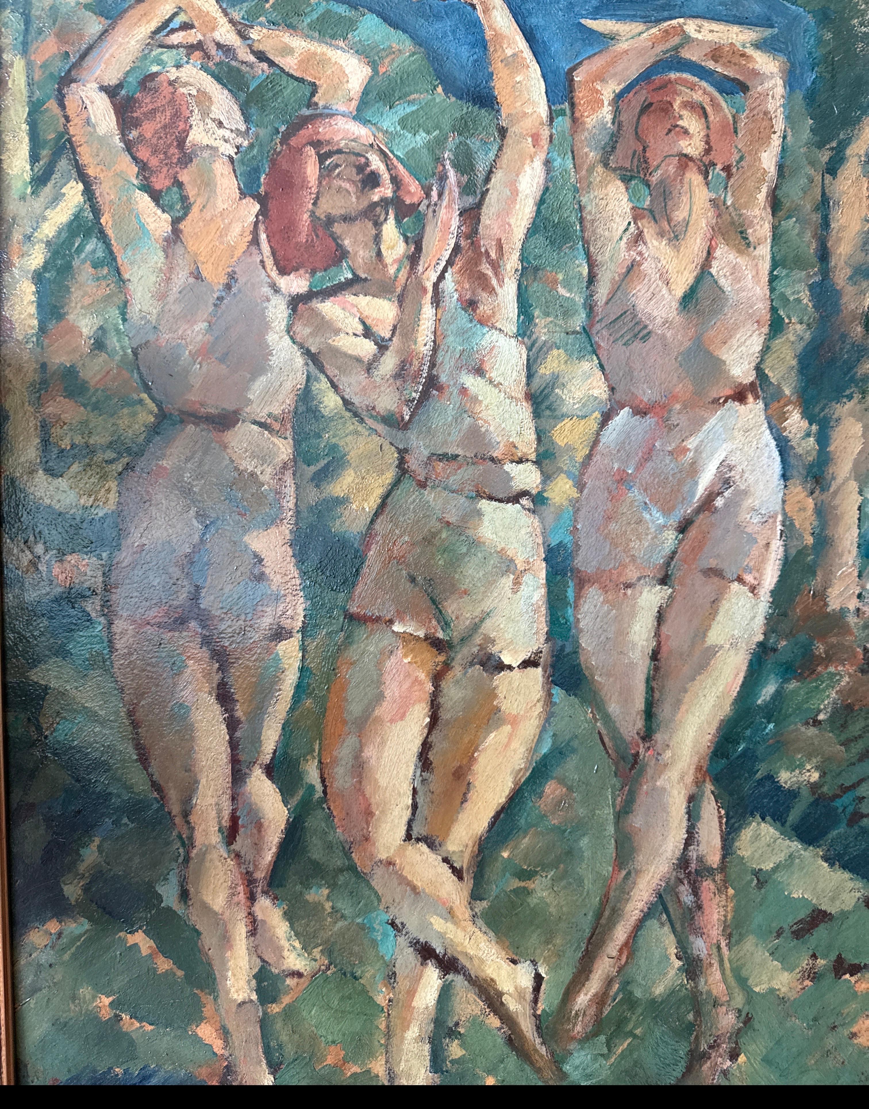 Antico dipinto a olio post-impressionista di grandi dimensioni 'Tre donne che ballano' in vendita 12