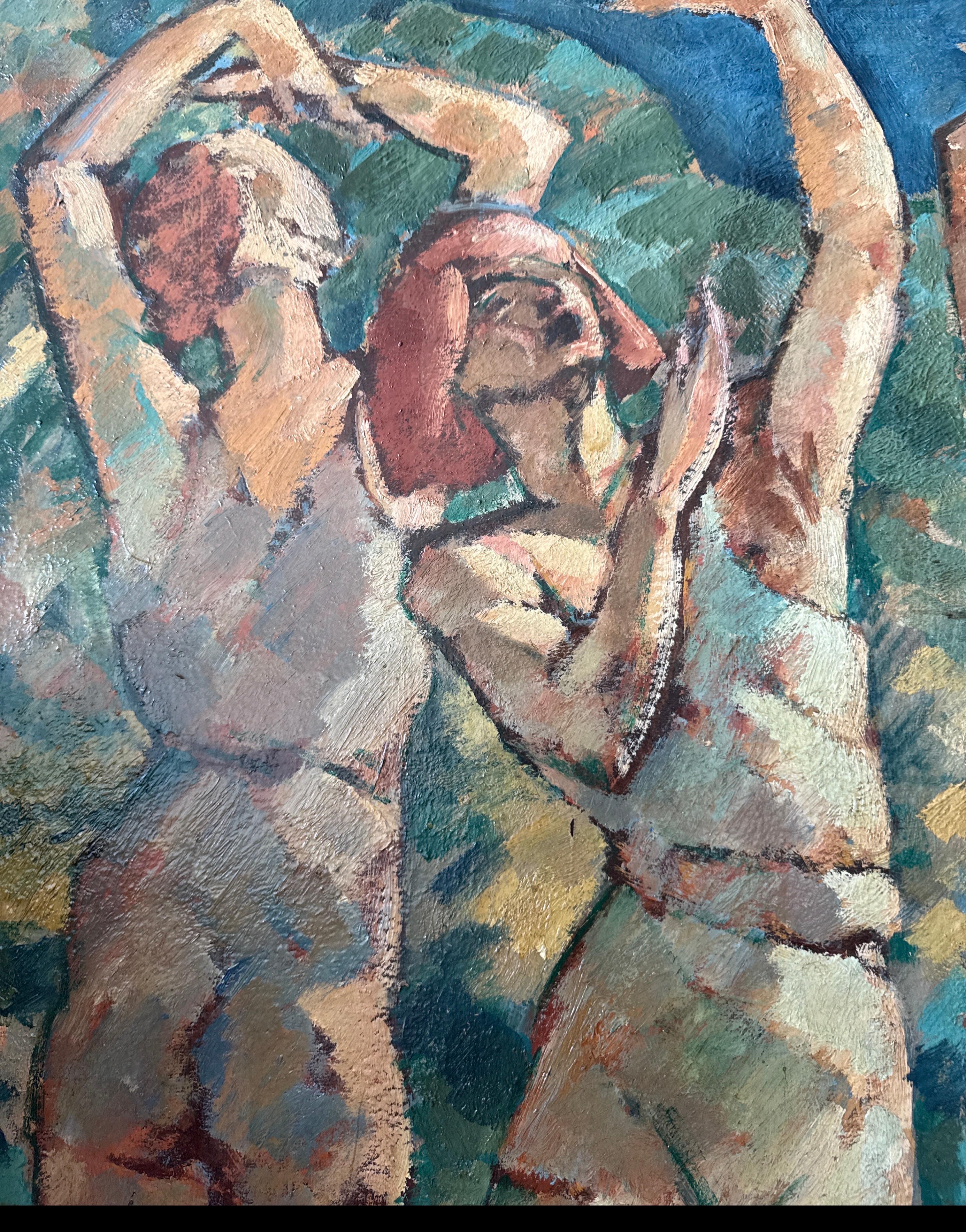 Antico dipinto a olio post-impressionista di grandi dimensioni 'Tre donne che ballano' in vendita 13