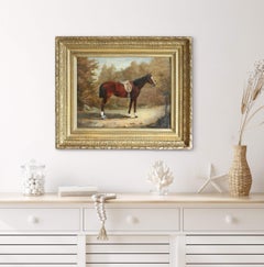 Antique Horse Portrait in Gilt Frame, French Horse Painting, Horse in Landscape