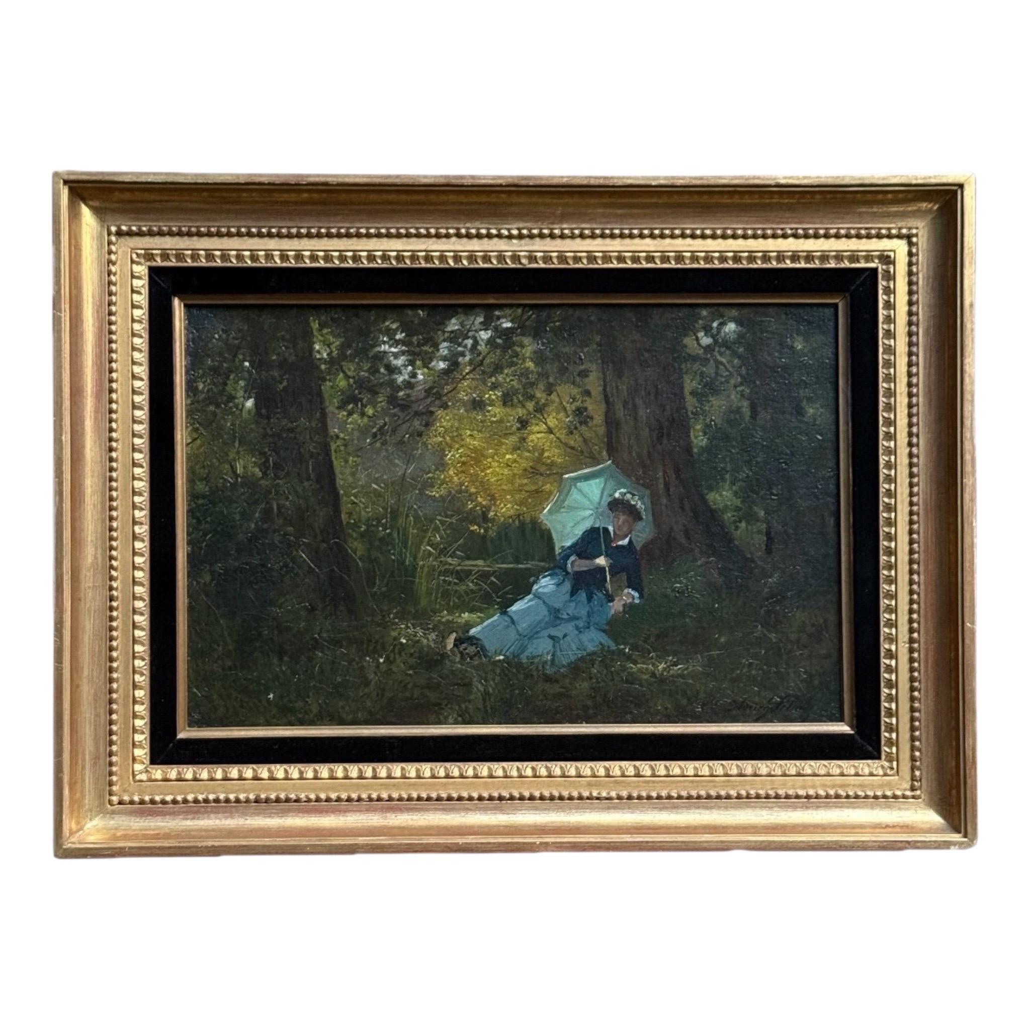 19th Century French Antique Oil Painting of Elegant Lady with Parasol