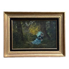 19th Century Oil Painting, Elegant Lady with Parasol in Woodland, Impressionist