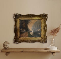 Antique French Barbizon Style Riverscape Painting by Henri Jordain