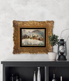 Arbres sous la neige, peinture à l'huile vintage française représentant un paysage alpin hivernal, encadrée