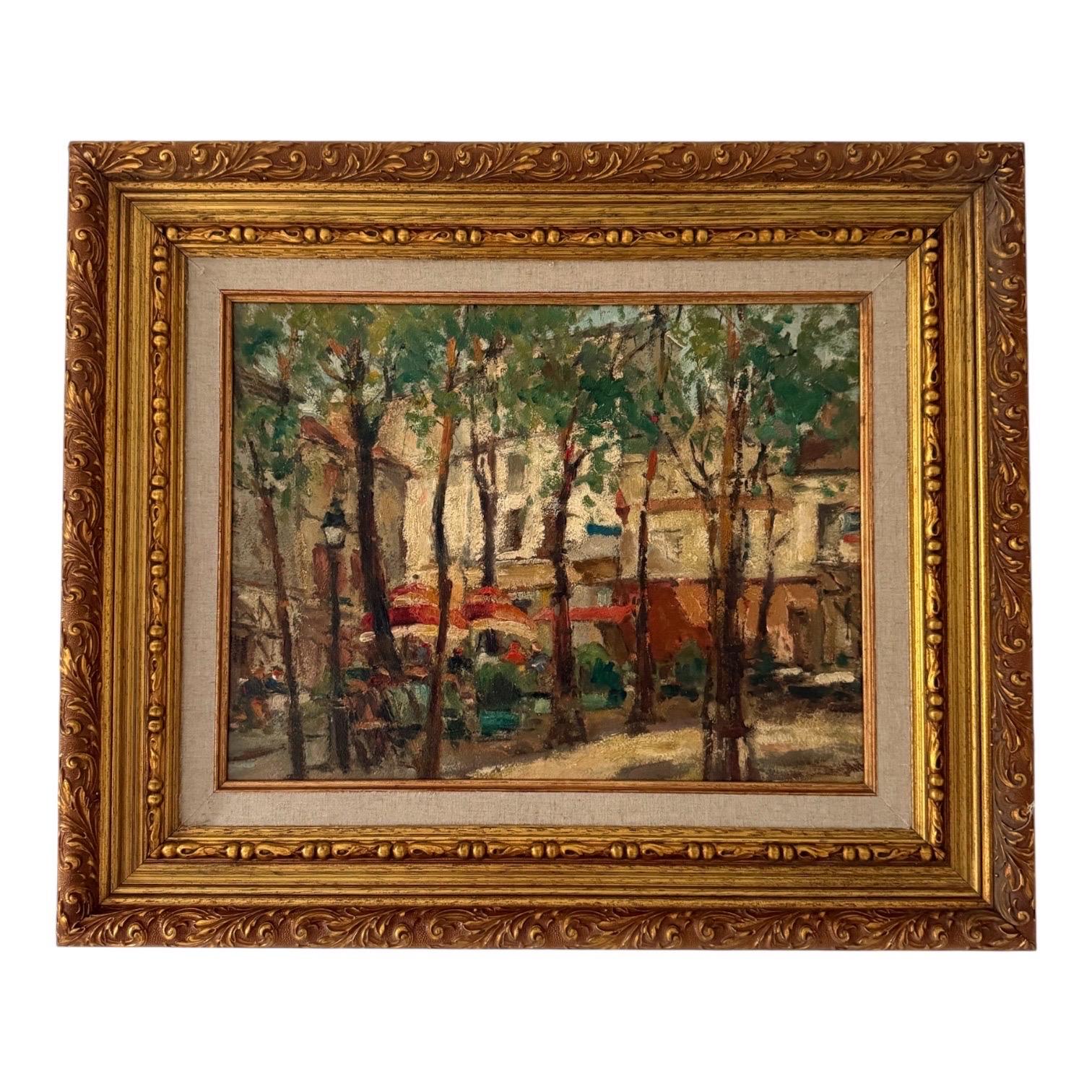 Paris Cafe Cityscape Oil Painting, Mid-Century Vintage Impressionist Artwork