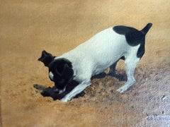 Hundeporträt, antikes Ölgemälde eines schwarz-weißen Terriers oder Jack Russell