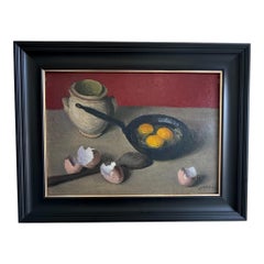 Mid-Century French Still Life, Fried Eggs in Skillet, Signed Oil on Board