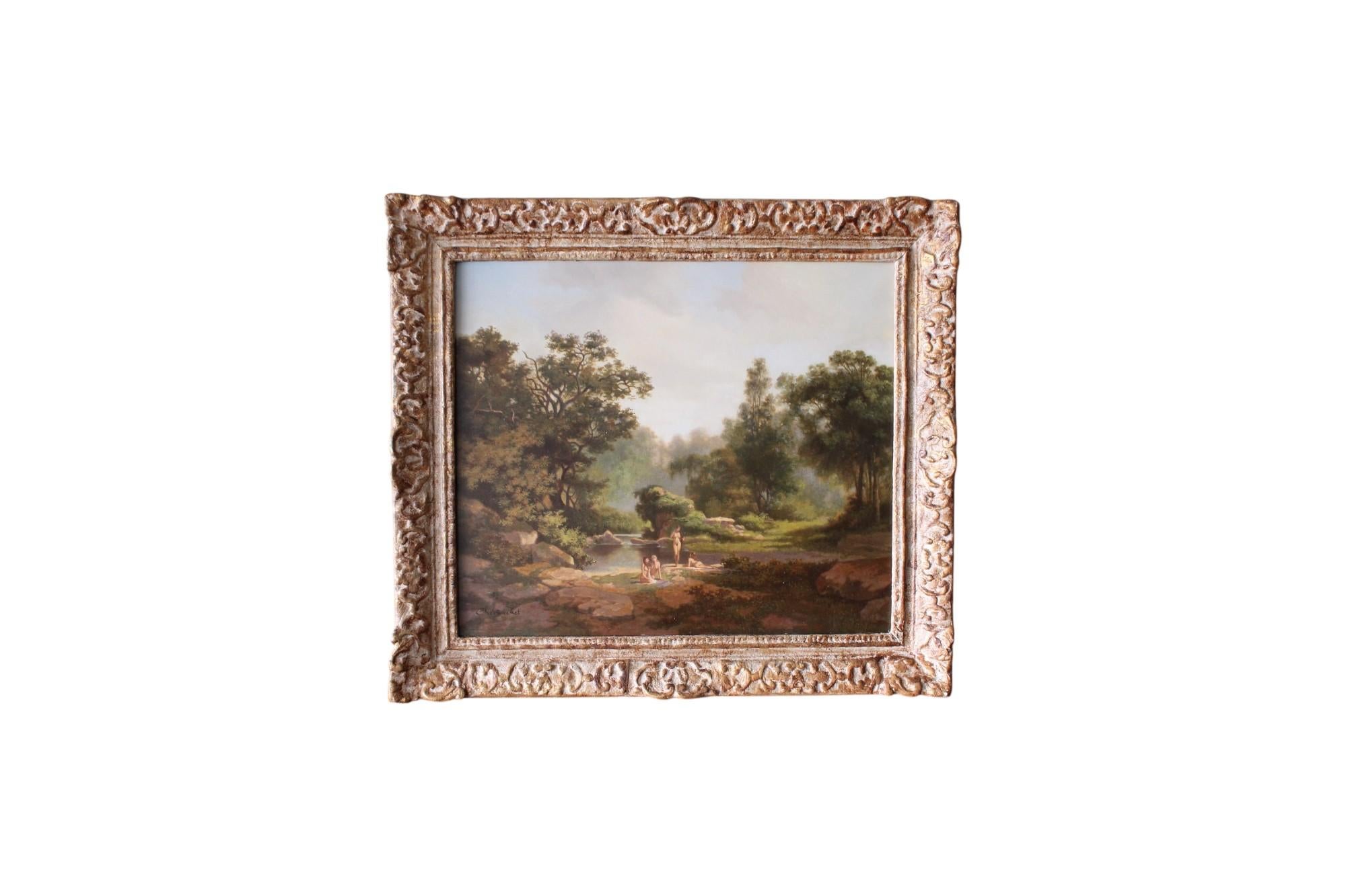 Bathing Nudes in Landscape, French Vintage Figurative Oil Painting