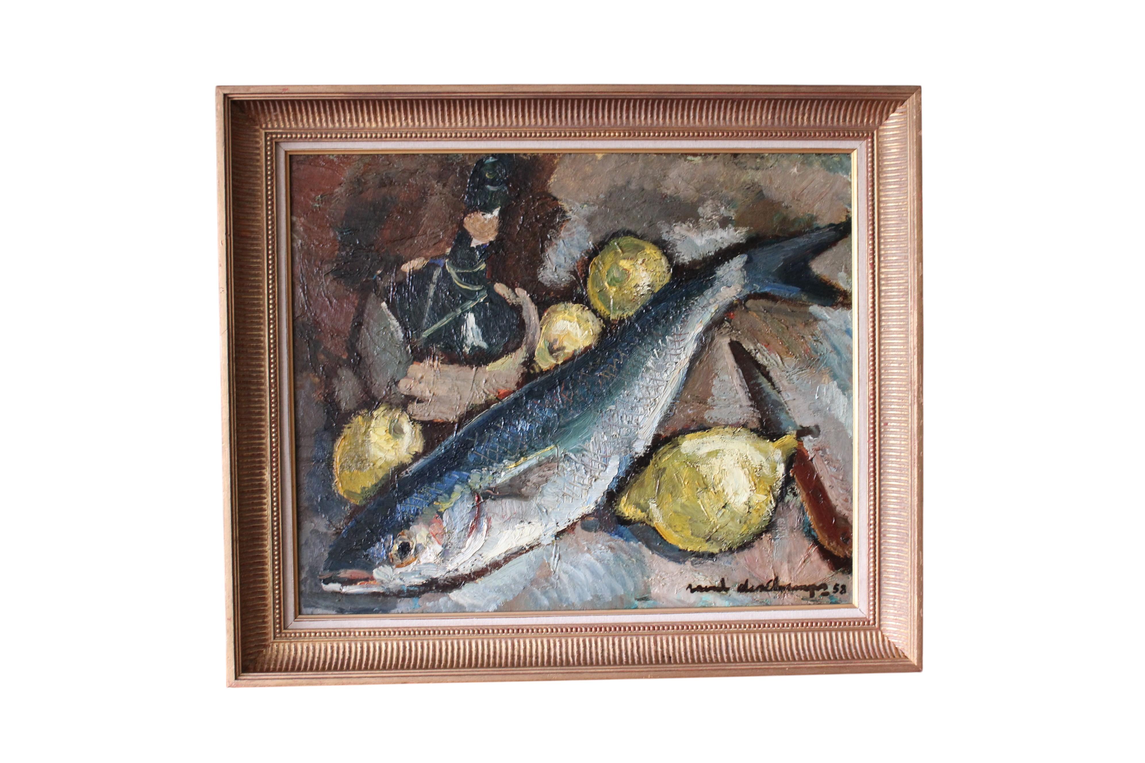 Nature morte au poisson vintage peinture à l'huile poisson et citrons grande peinture du milieu du siècle.